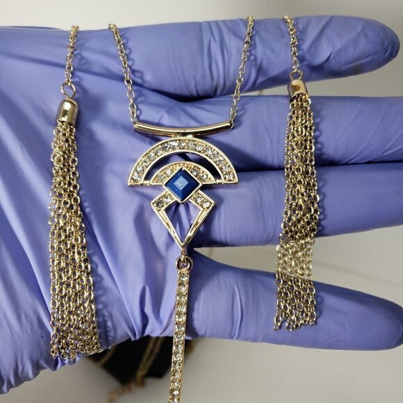 GUESS Gold Layered Fringed 34" Necklace - Blue Stone Sparkling Crystal Pendant - Picture 6 of 6